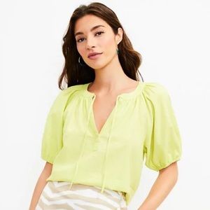 Glowing Lime Tie Neck Puff Sleeve Top by LOFT M NWT